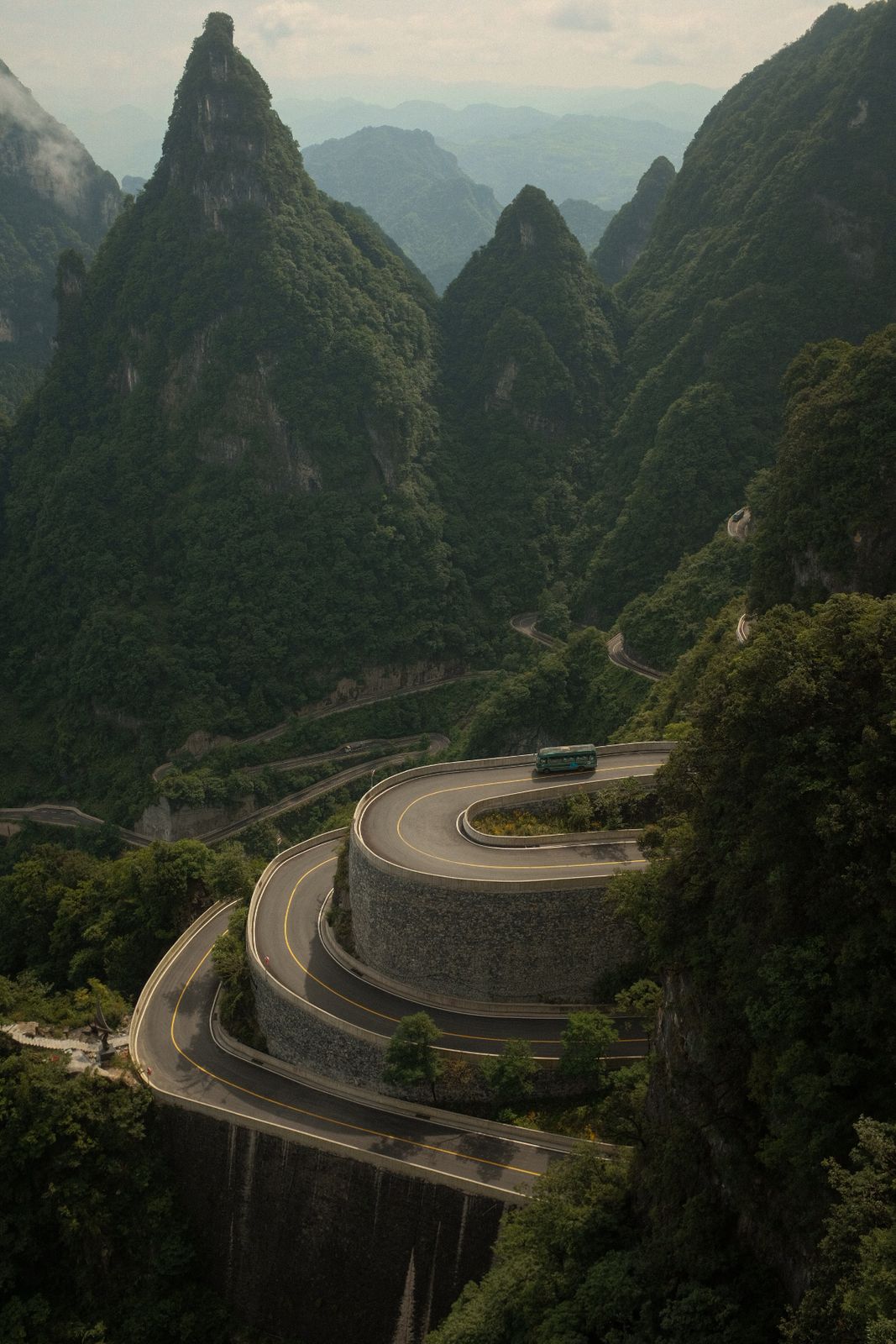 A bus on the switchback road up Tianmen Mountain
