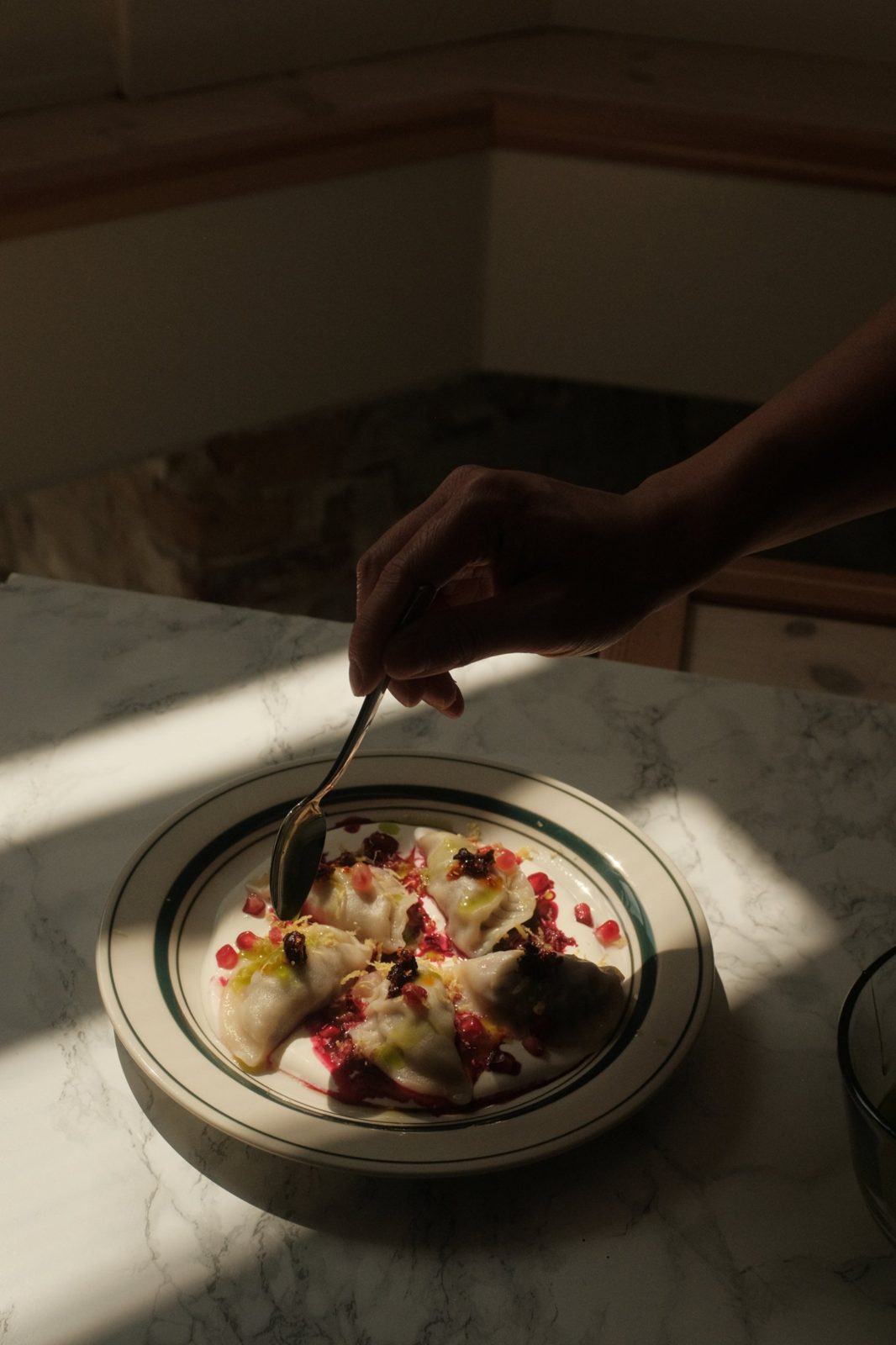 Plated dumplings with pomegranate in raking window light